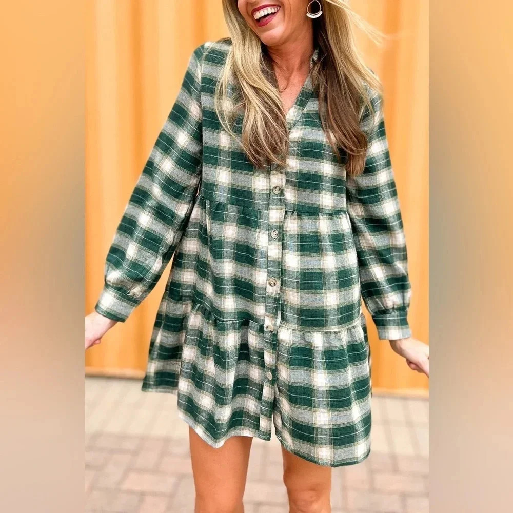 HYFVE Green Plaid Long Sleeve Dress